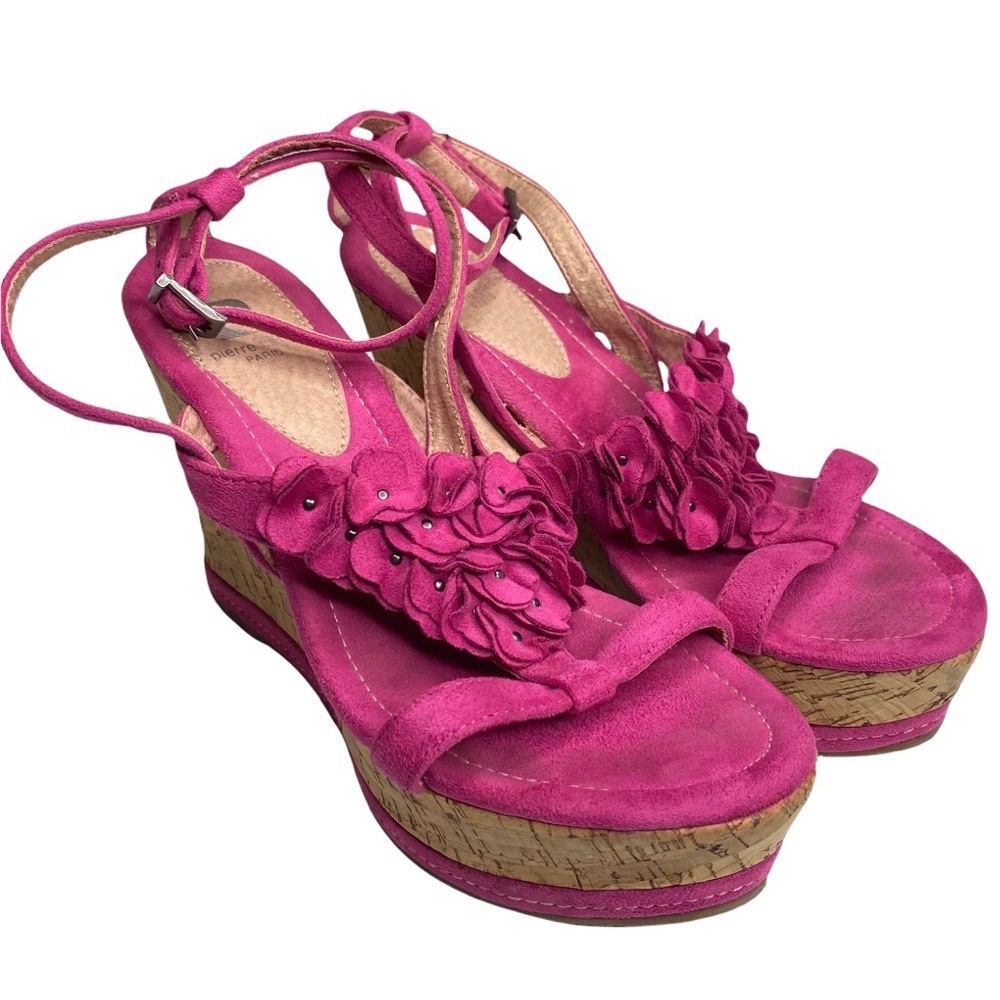 Vintage: Pierre Cardin ♚ Suede Floral Embellish Platform Wedge Sandals ♚ Magenta - Picture 10 of 16